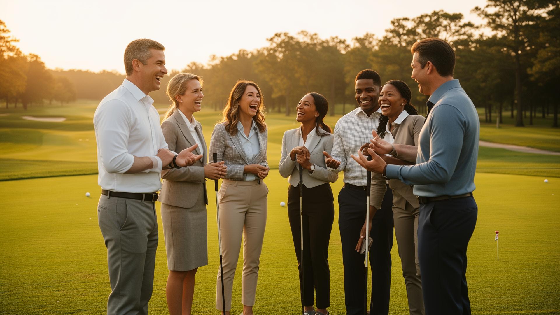 A coach leading a small group of corporate professionals on a sunset practice range
