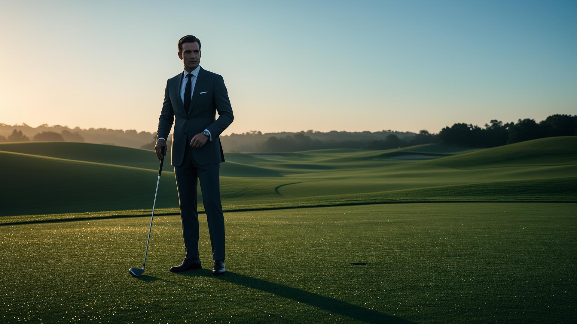 Luxury golf fairway at dawn with morning mist